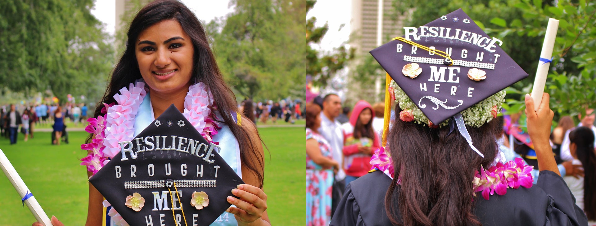 Photo collage showing a Foster Youth student at graduation with the phrase "Resilience Brought Me Here," on her mortar board.